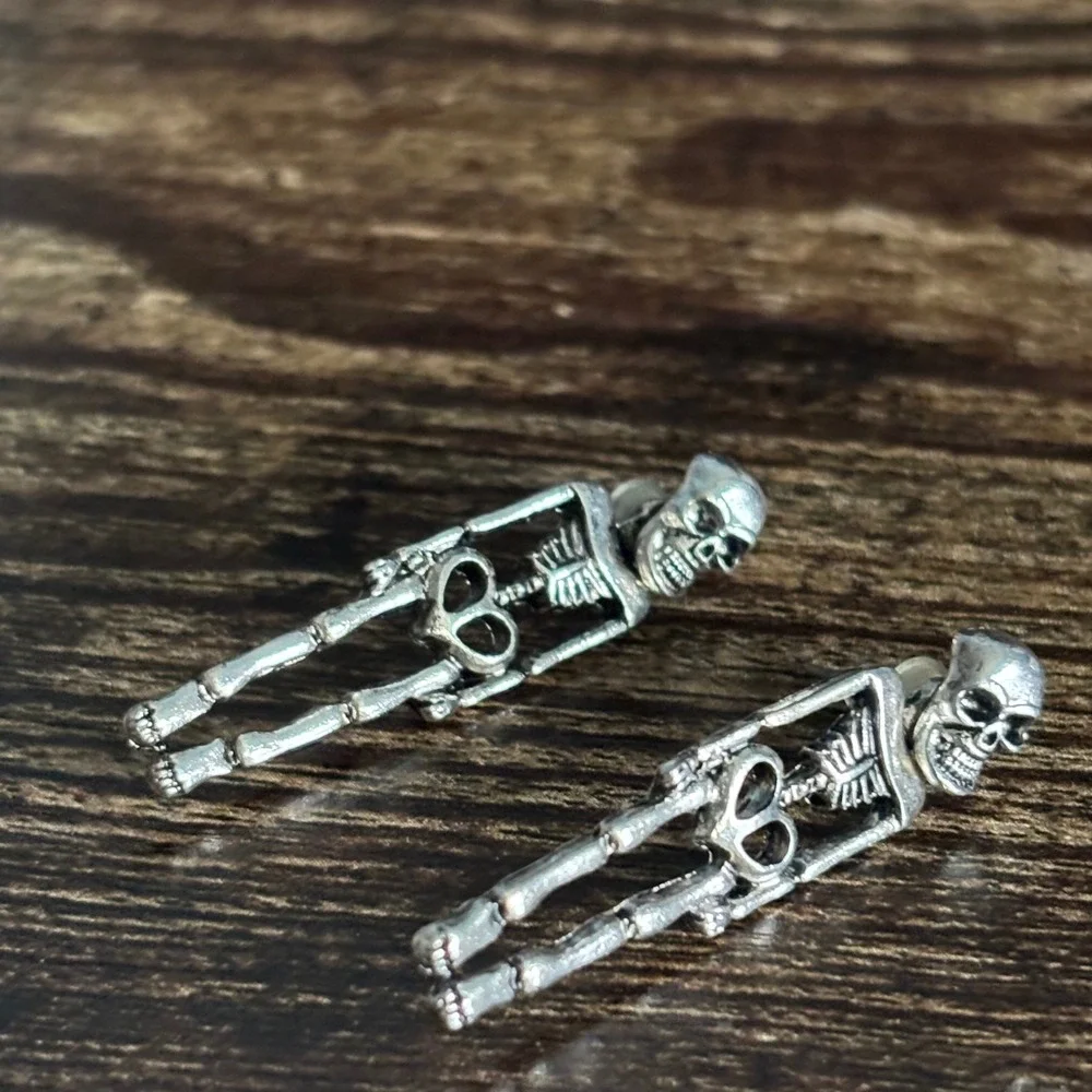 Silver Skeleton Drop Earrings Moveable Head Gothic Halloween Jewelry